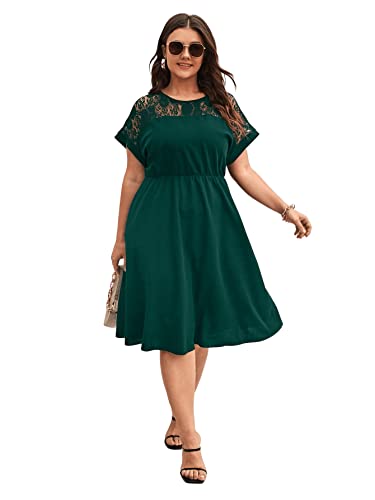 DIDK Damen Elegant Kleid Übergroß A-Linie Spitzen Sommerkleid Knielang Freizeitkleid Einfarbig Hohe Taille Kleider mit Rundhals Dunkelgrün 1XL von DIDK