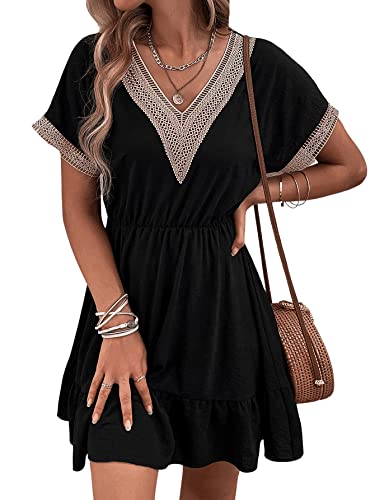 DIDK Damen Elegant Tunika Kleid Blusekleid mit Guipure Spitzen A Linie Kurzkleid V Neck Freizeitkleid Sommer Kleider Schwarz L von DIDK