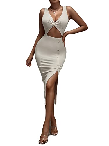 DIDK Damen Figurbeton Kleid Ohne Ärmel Midikleid Cut Outs Partykleid Schlitz Clubkleid Freizeitkleid mit Knopfleiste Beige S von DIDK