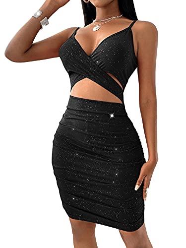 DIDK Damen Figurbetont Kleid Über Kreuz Ohne Ärmeln Bodycon Kurz Kleider Cut Outs Bleistift Partykleid mit Glizter Schwarz M von DIDK