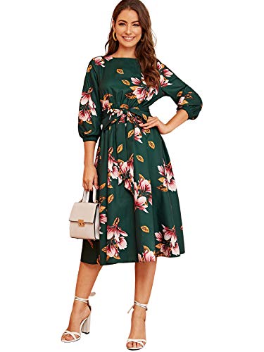 DIDK Damen Floral Kleider Elastischer Taille Partykleid Blumen Midikleid 3/4 Arm Kleid mit Gürtel A Linie Geblümt Elegant Kleid U-Boot Ausschnitt Grün L von DIDK