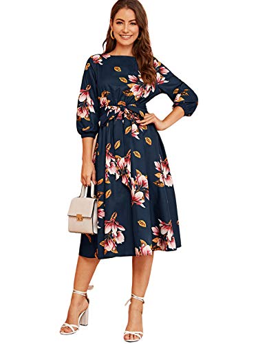 DIDK Damen Floral Kleider Elastischer Taille Partykleid Blumen Midikleid 3/4 Arm Kleid mit Gürtel A Linie Geblümt Elegant Kleid U-Boot Ausschnitt Marineblau L von DIDK