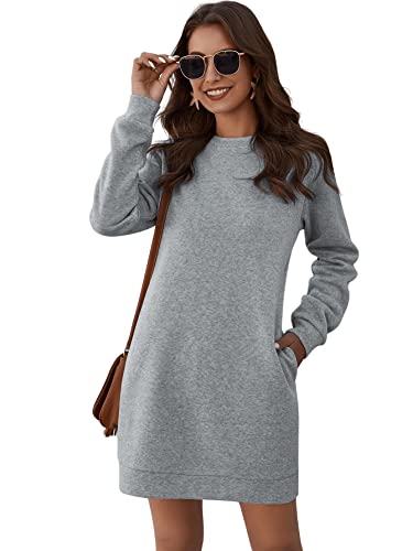 DIDK Damen Hoodie Kleid Pullover Langarm Sweatshirtkleid Tops Herbst Kurz Kleid Sweatshirt Pulloverkleid mit Taschen Grau L von DIDK