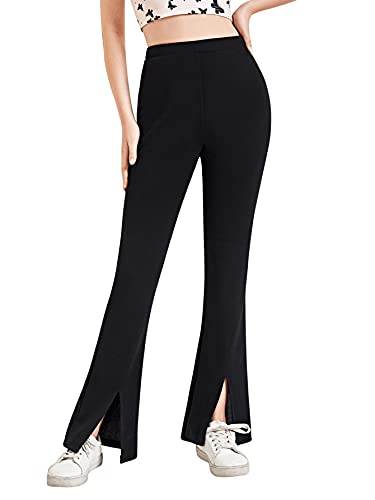 DIDK Damen Hosen Hohe Taille Breites Bein Lange Elastischer Bund Hose Palazzo Einfarbig Anzughose Büro Schlaghose mit Schlitz Einfarbig Schwarz XS von DIDK