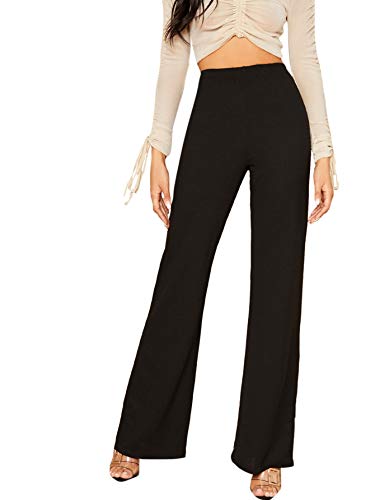 DIDK Damen Hosen Hohe Taille Breites Bein Lange Elastischer Bund Hose Palazzo Einfarbig Anzughose Büro Pants Elegant Schwarz#2 L von DIDK