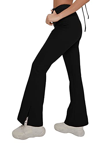 DIDK Damen Hosen Schlaghose mit Schlitz Hohe Taille Breite Beins Palazzo Anzughose Büro Pants Straighthose mit Zip Schwarz M von DIDK