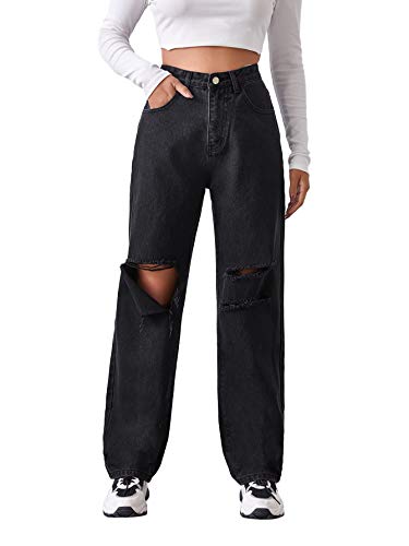 DIDK Damen Jeans Denim Hosen Locker Jeanshosen Hoher Bund Gerissen Lange Hose Freizeithose mit Lochdesign Schwarz S von DIDK