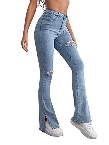 DIDK Damen Jeans Hosen Schlaghose Straight Leg mit Schlitz Riss Hot Pants Denim Casual Jeanshosen mit Reißverschluss Hellblau L von DIDK