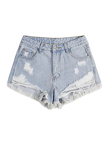 DIDK Damen Jeansshorts Basic Jeans Denim Shorts Kurze Hosen High Waist Kurze Hose mit Quaste Ripped Loch Hotpants Shorts Gerissen Blau L von DIDK