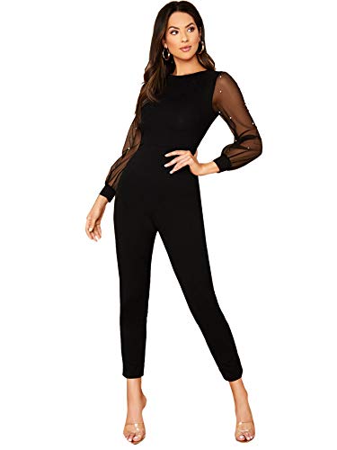 DIDK Damen Jumpsuit Elegant Overall Rundhals Langarm Playsuit Hosenanzug mit Perlen Einfarbig Karottenschnitt Hohe Taille Jumpsuits Schwarz M von DIDK