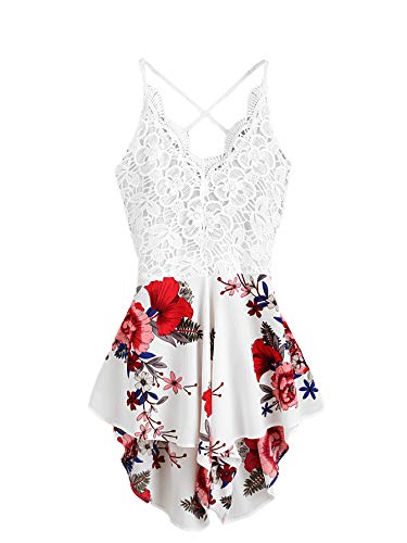 DIDK Damen Jumpsuits Geblümt Einteiler Romper V-Ausschnitt Playsuit Ärmellos Sommer Rückenfrei Overall mit Spitzen Geblümt Weiß XL von DIDK