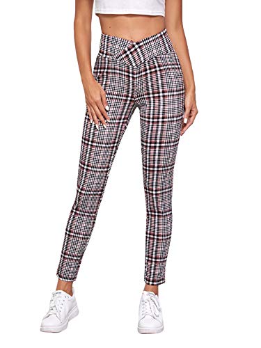 DIDK Damen Kariert Hosen Skinny Pants Leggings Lässig Casual Büro Hose mit Asymmetrisch Wickeln Elastische Bund Streetwear Bordeaux-Weiß L von DIDK