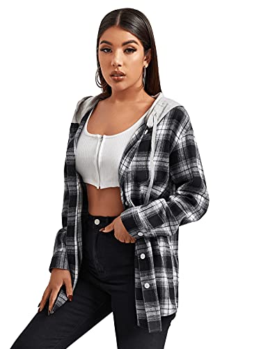 DIDK Damen Kariertes Hemd Blusen mit Kapuze Karo Muster Overshirt Plaid Boyfriend Hemdbluse Karohemd Button-down Langarm Blusenshirt Schwarz und Weiss XL von DIDK