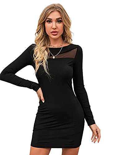 DIDK Damen Kleid Bodycon Langarm Minikleid mit Netzeinsatz Figurbetontes Partykleid Freizeitkeid Elegant Herbst Bleistift Kleider Schwarz XL von DIDK