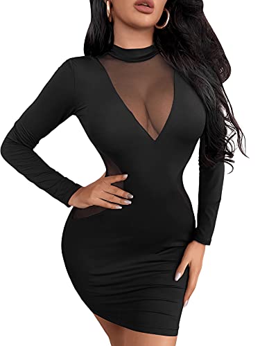 DIDK Damen Kleid Figurbetontes Minikleid Langarm Kurz Kleider Bodycon Partykleid Freizeitkeid Shortkleid mit Netzeinsatz Schwarz L von DIDK