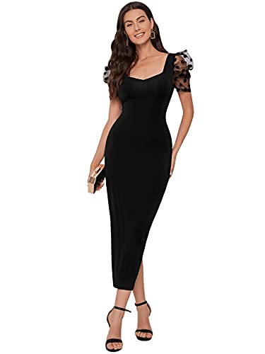 DIDK Damen Kleid Maxikleider Mesh-Puffärmeln Figurbetont Maxi Kleider Retro Partykleid Bleistiftkleid mit Herzausschnitt und Schlitz Schwarz L von DIDK