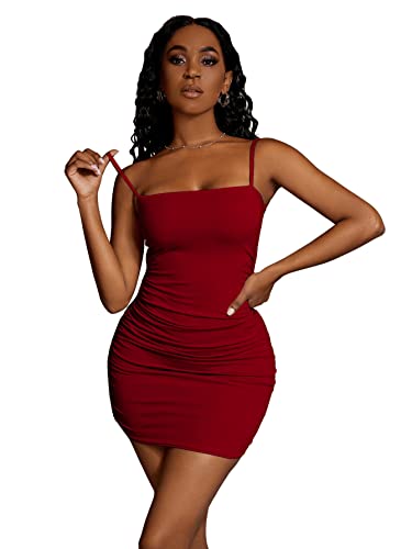 DIDK Damen Kleider Figurbetontes Minikleid Spaghettiträger Kurz Kleid Bodycon Sommer Freizeitkleid Partykleid mit Rüschen Bordeaux M von DIDK