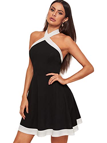 DIDK Damen Kurz Kleid Faltenkleider Neckholder Skaterkleid Partykleid Freizeitkleid Ärmellos Sommerkleid Einfarbig Shortkleid Schwarz L von DIDK