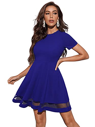 DIDK Damen Kurz Kleid mit Netzstoffsaum Eilegan Vintage Partykleid Skaterkleid Freizeitkleid Kurzarm Blusenkleid mit Rundhals Königsblau L von DIDK