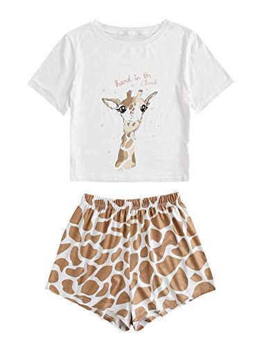 DIDK Damen Kurz Schlafanzug Pyjama Set Cartoonmuster Top und Short Zweiteilig Sleepwear Sommer Hausanzug Weiß mit Giraffemuster M von DIDK