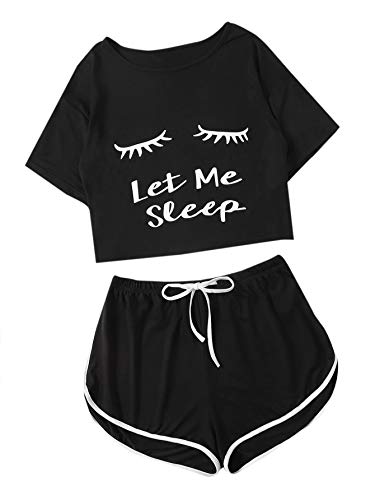 DIDK Damen Kurz Schlafanzug Pyjama Set Cartoonmuster Top und Short Zweiteilig Sleepwear Sommer Hausanzug Schwarz #418 L von DIDK
