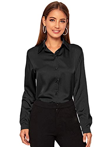 DIDK Damen Langarm Bluse Satin Oberteil Tunika Büro Shirts Elegant Tops Knopfleiste Hemd Oberteile Hemdbluse Einfarbig Stehkragen Schwarz M von DIDK