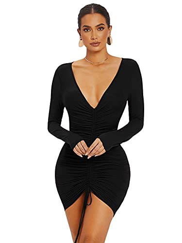 DIDK Damen Langarm Kleid Minikleid Ziehbändchen Figurbetont Kleider Vintage Bodycon Freizeitkleid Partykleid mit Tiefer V-Ausschnitt Schwarz XS von DIDK