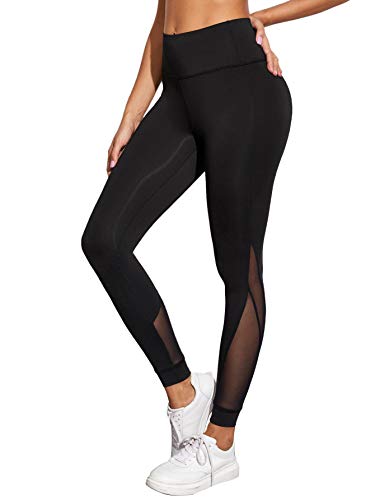 DIDK Damen Leggings Mesh-Panel Seite Hohe Taille Workout Yoga Hosen Sportleggings Netz Sporthose Schwarz#13 L von DIDK