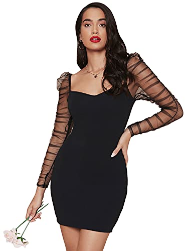 DIDK Damen Mesh Ärmel Kleider Bodycon Herzausschnitt Bleistiftkleid Minikleid Netz Puffelärmel Partykleid Figurbetont Hohe Taille Shortkleid Herbstkleid Schwarz XS von DIDK