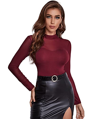 DIDK Damen Mesh Langarmshirt Stehkragen Einfarbig Elegant Shirt Oberteile Durchsichtiges Netz Langarm T-Shirt Casual Kastanienbraun XS von DIDK