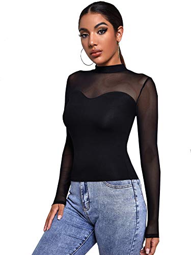 DIDK Damen Mesh Langarmshirt Stehkragen Einfarbig Elegant Shirt Oberteile Durchsichtiges Netz Langarm T-Shirt Casual Schwarz#11 S von DIDK