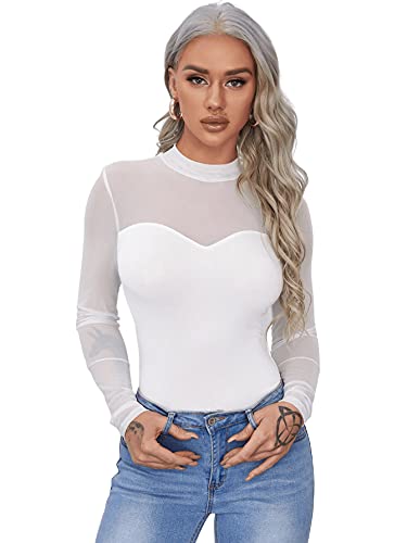 DIDK Damen Mesh Langarmshirt Stehkragen Einfarbig Elegant Shirt Oberteile Durchsichtiges Netz Langarm T-Shirt Casual Weiss A L von DIDK