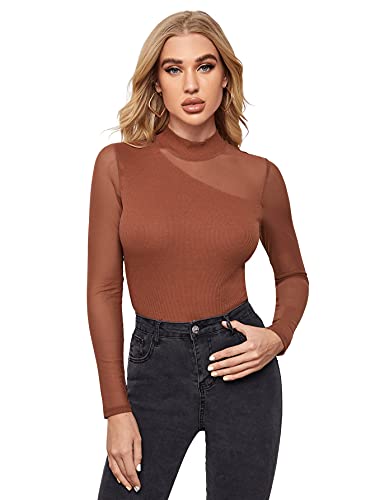 DIDK Damen Mesh Langarmshirt Stehkragen Elegant Shirt Oberteile Durchsichtiges Netz Langarm T-Shirt Casual Top Braun L von DIDK