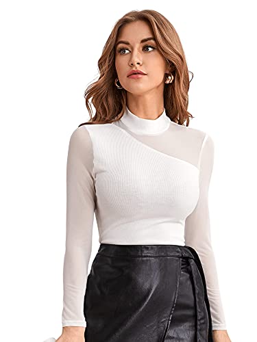 DIDK Damen Mesh Langarmshirt Stehkragen Elegant Shirt Oberteile Durchsichtiges Netz Langarm T-Shirt Casual Top Weiß XS von DIDK