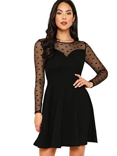 DIDK Damen Mesh Partykleid A Linie Minikleid Hohe Taille Cocktail Langarm Kleider Rundhals Einfarbig Rückenfrei Kleid Sexy Abendkleid Schwarz M von DIDK