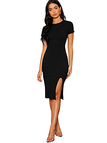 DIDK Damen Midi Kleid Kurzarm Bodycon Einfarbig Freizeitkleid Partykleid mit Schlitz Schmal Midikleider Rundhals Schwarz M von DIDK