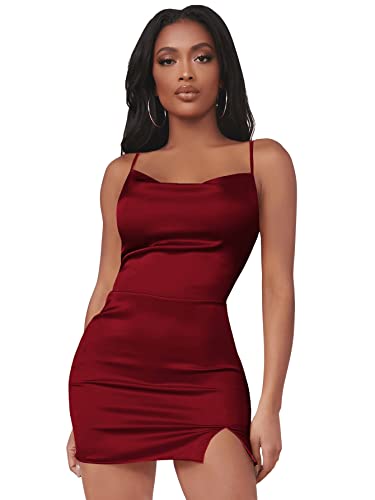 DIDK Damen Minikleid Bodycon Partykleid mit Schlitz Satin Figurbetontes Kleid Bleistift Sxy Kleider Spaghettiträger Sommerkleid Bordeaux S von DIDK