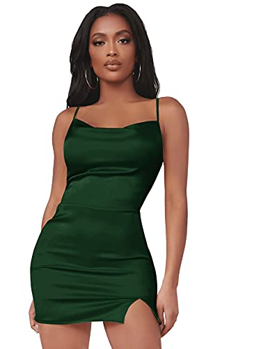 DIDK Damen Minikleid Bodycon Partykleid mit Schlitz Satin Figurbetontes Kleid Bleistift Sxy Kleider Spaghettiträger Sommerkleid Dunkelgrün M von DIDK