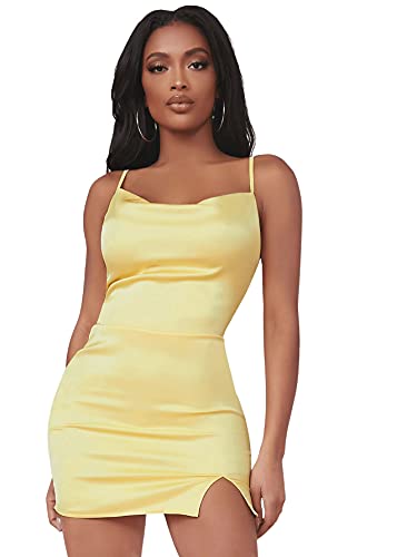 DIDK Damen Minikleid Bodycon Partykleid mit Schlitz Satin Figurbetontes Kleid Bleistift Sxy Kleider Spaghettiträger Sommerkleid Gelb S von DIDK