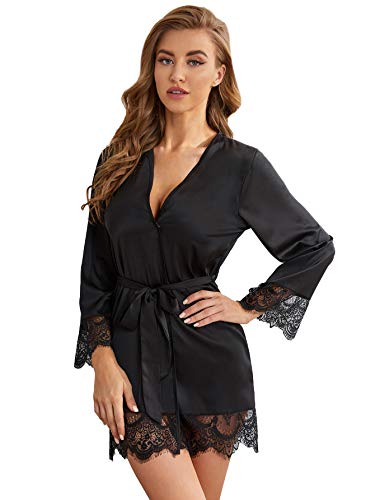 DIDK Damen Morgenmantel Bademantel Satin Sexy Kimono Kurz Robe mit Gürtel Nachthemd für Braut Nachtwäsche mit Blumenspitze Schwarz M von DIDK