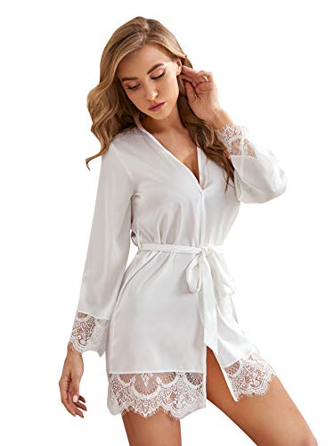 DIDK Damen Morgenmantel Bademantel Satin Sexy Kimono Kurz Robe mit Gürtel Nachthemd für Braut Nachtwäsche mit Blumenspitze Weiß M von DIDK