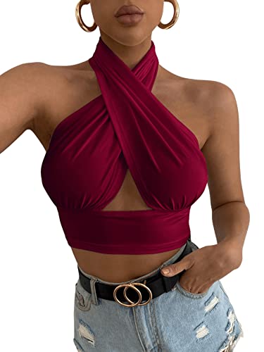 DIDK Damen Neckholder Top Bauchfrei Oberteil Rückenfrei Tops Crop Halter Top Sexy Teil Bordeaux S von DIDK