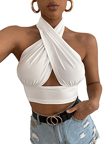 DIDK Damen Neckholder Top Bauchfrei Oberteil Rückenfrei Tops Crop Halter Top Sexy Teil Weiß L von DIDK