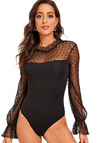 DIDK Damen Netz Bodysuit Stehkragen Langarm Body mit Rüschen Elegant Bodys Shirts Langarm Top Schwarz L von DIDK