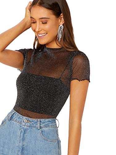 DIDK Damen Tops Mesh Oberteile T-Shirt Netzstoff Top Festivals Outfits Oberteil Shirts Schwarz L von DIDK