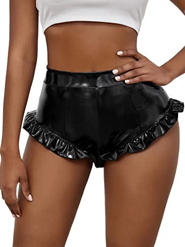 DIDK Damen PU Leder Shorts Hohe Taille PU Lederoptik Kurze Hose Kunstlederhose Nachtclub Hotpants mit Rüschenbesatz Schwarz L von DIDK