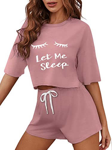 DIDK Damen Pyjama Set Drop Shoulder Kurzarmshirt und Shorts Zweiteile Schlafanzug Set Sommer Sleepwear Hausanzug Sets mit Buchstaben Einfarbig-Graurosa XL von DIDK