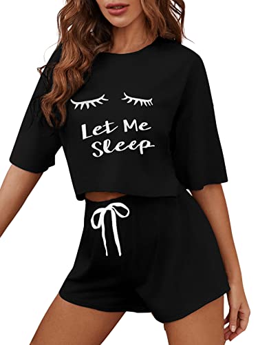 DIDK Damen Pyjama Set Drop Shoulder Kurzarmshirt und Shorts Zweiteile Schlafanzug Set Sommer Sleepwear Hausanzug Sets mit Buchstaben Einfarbig-Schwarz L von DIDK