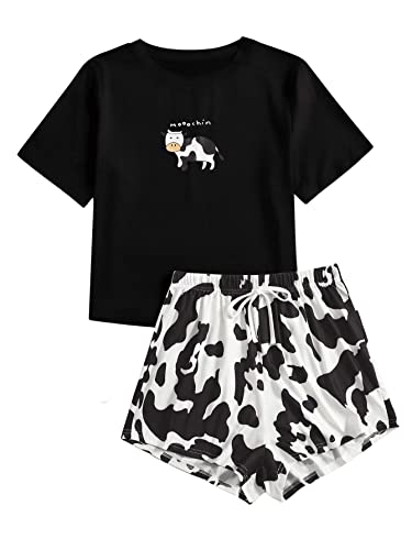 DIDK Damen Pyjama Set Kurzarm Top und Sommer Short Hose Zweiteiliger Schlafanzug Schwarz Weiß L von DIDK