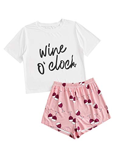 DIDK Damen Pyjama Set Top und Short Zweiteilig Sleepwear Schlafanzug Sets Weiss-Rosa M von DIDK